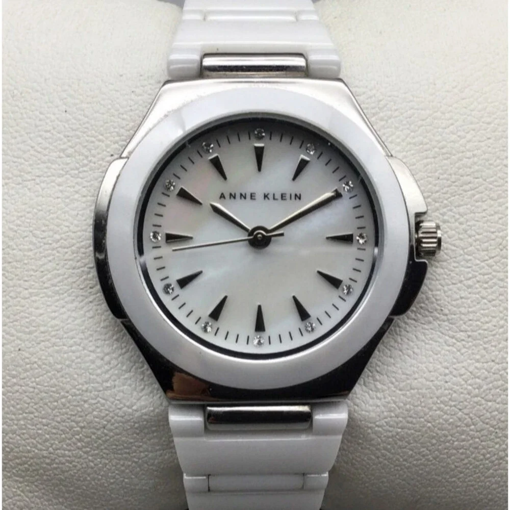Anne Klein Watch Women 31mm Silver Tone White Cermaic MOP Dial New Battery 5.75